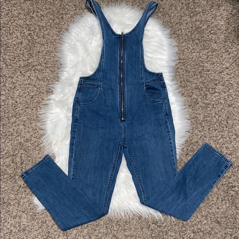 Free People Jax Blue Denim Jumpsuit/ Overalls with Front Zipper - Picture 3 of 9